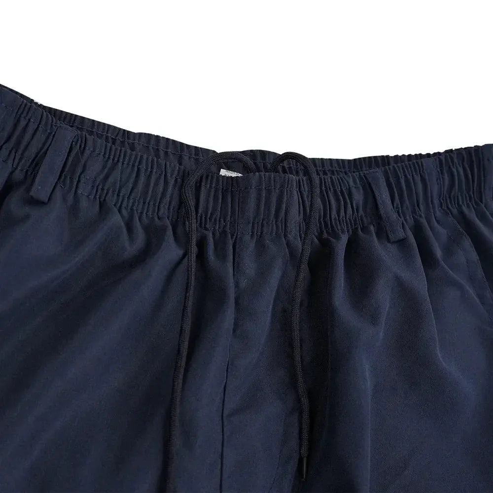 Navy cargo shorts with elastic waistband and drawstring.