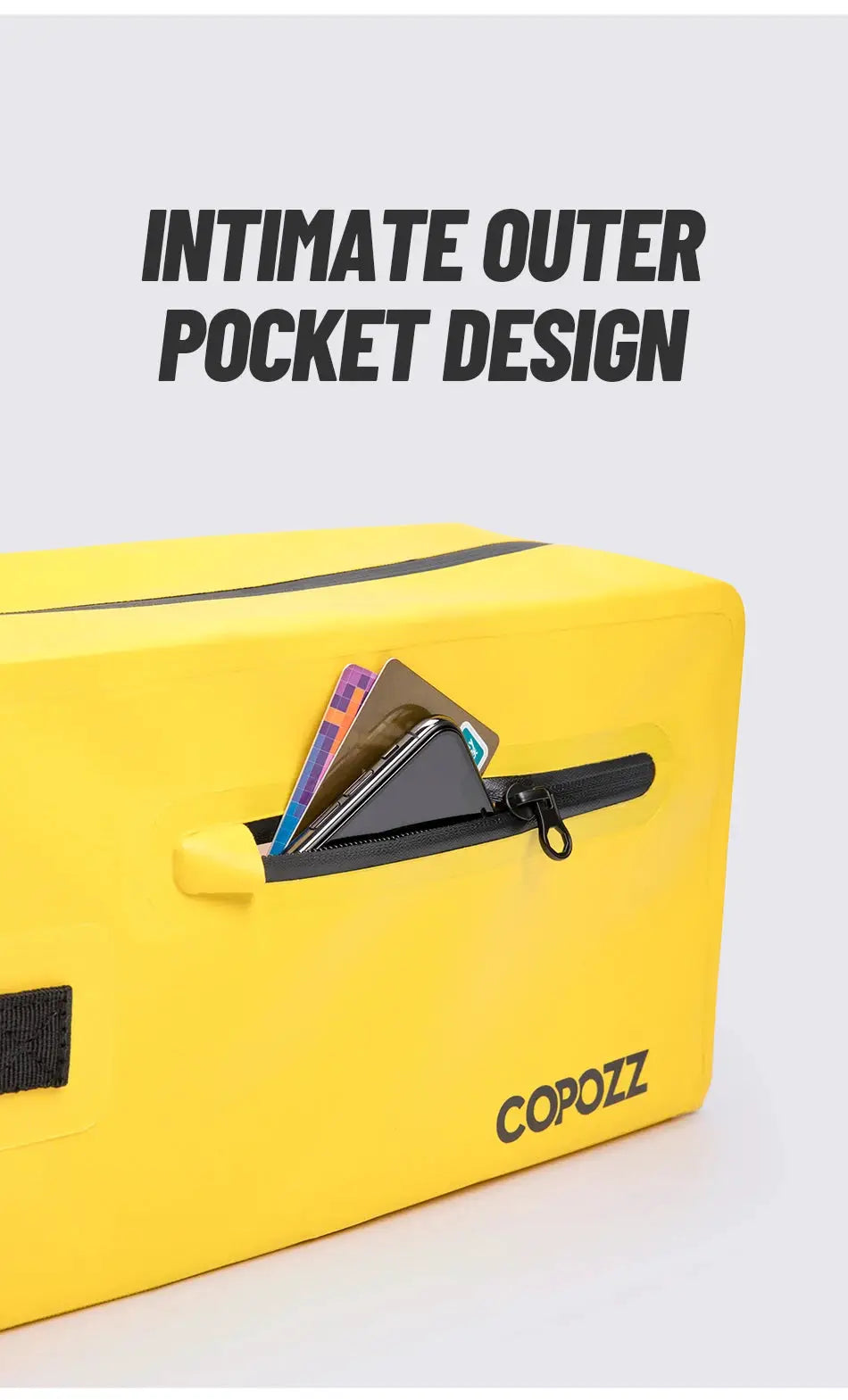 Gym bag COPOZZ yellow with external zipper pocket holding cards and a phone