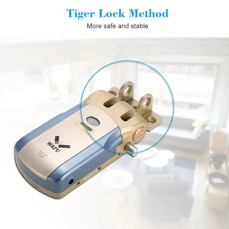 Wafu 019 remote control door lock with invisible deadbolt and 5 chrome-plated remotes, beige and blue body