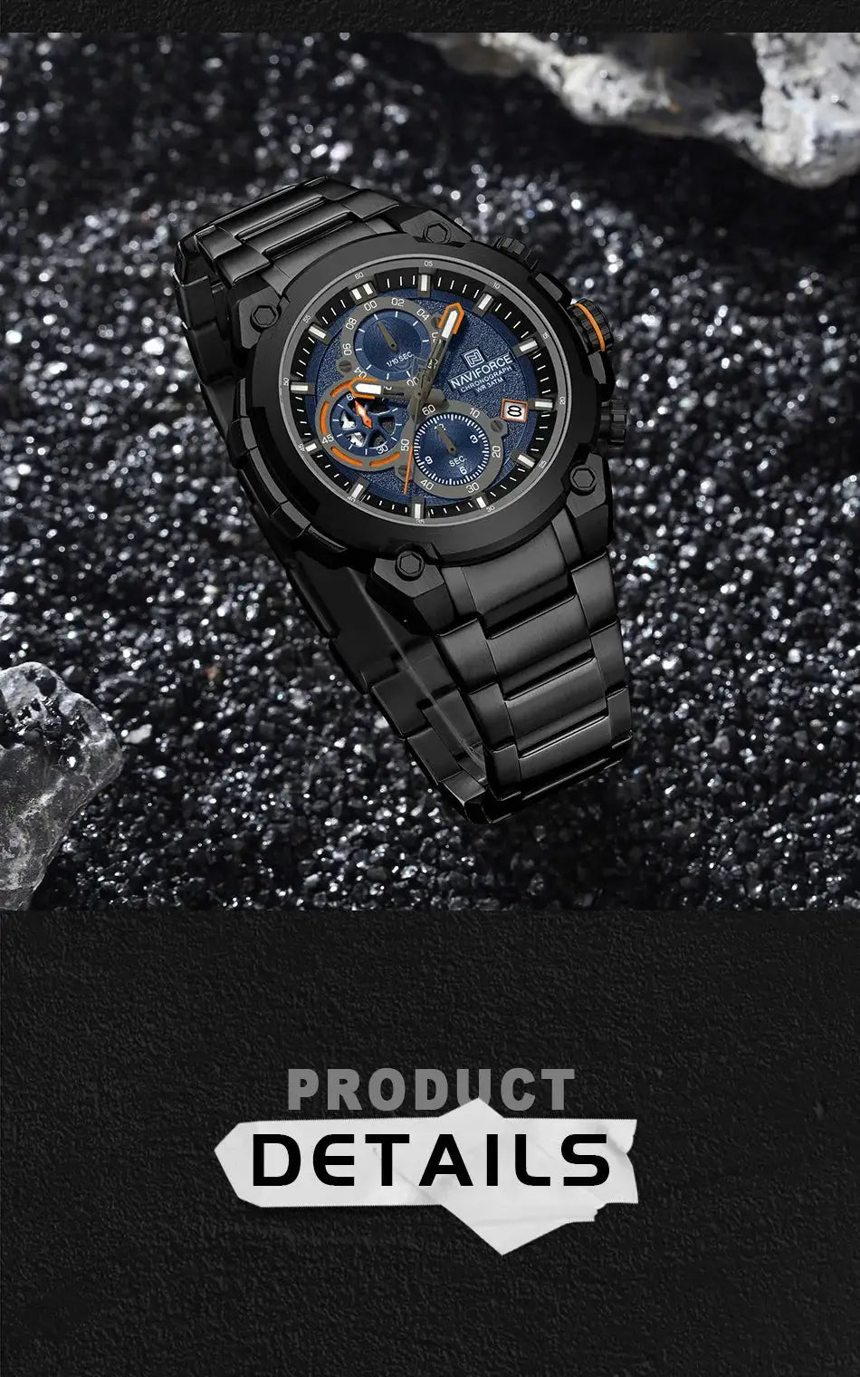 NAVIFORCE men's military-style chronograph watch with blue dial and black stainless steel band