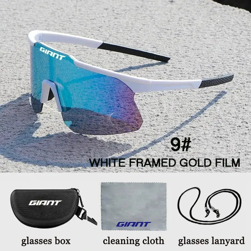 Giant cycling glasses with white TR90 frame and blue mirrored UV400 lenses; case, cloth, lanyard.