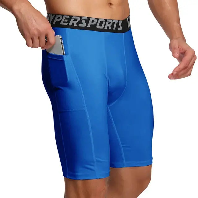 Men's blue compression shorts with HyperSports waistband and side phone pocket