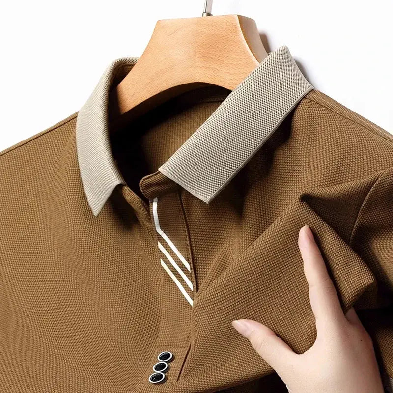 Men's polo shirt in brown with beige collar, textured knit fabric, short sleeves