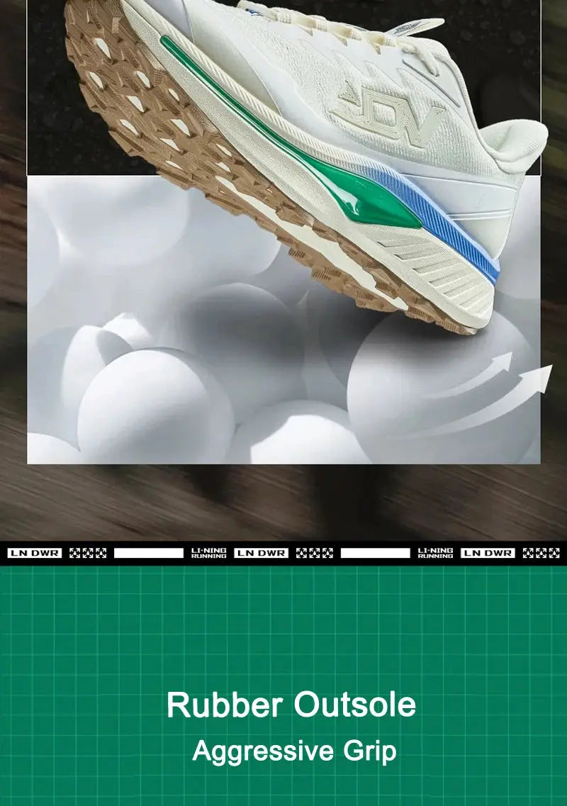 Li-Ning BEN XIAO trail running shoe, white with green and blue accents, DWR water-repellent, breathable support.