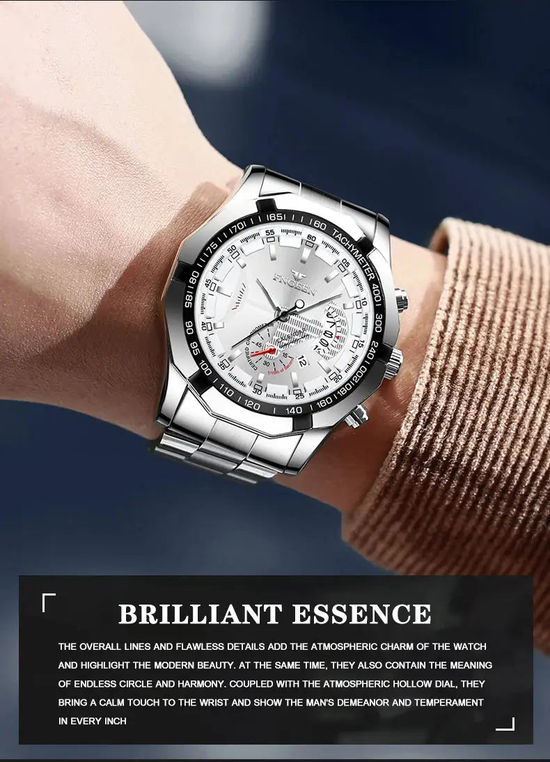 BINBOND men's stainless steel quartz wristwatch with luminous dial and black tachymeter bezel