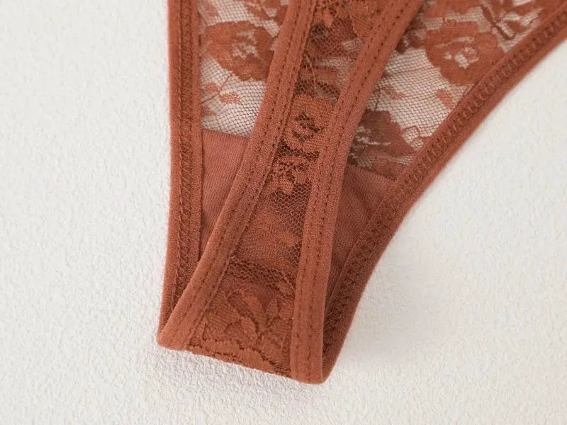 Simples Market brown lace thong, floral sheer fabric, low-rise underwear