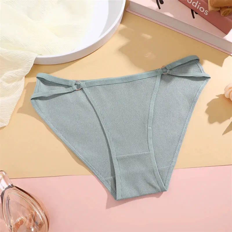 Women's cotton ribbed bikini briefs in light blue with side ring accents