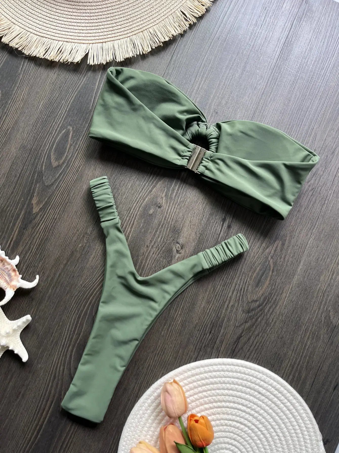 Simples Market green bandeau bikini set with ruched bottoms, two-piece beach swimwear