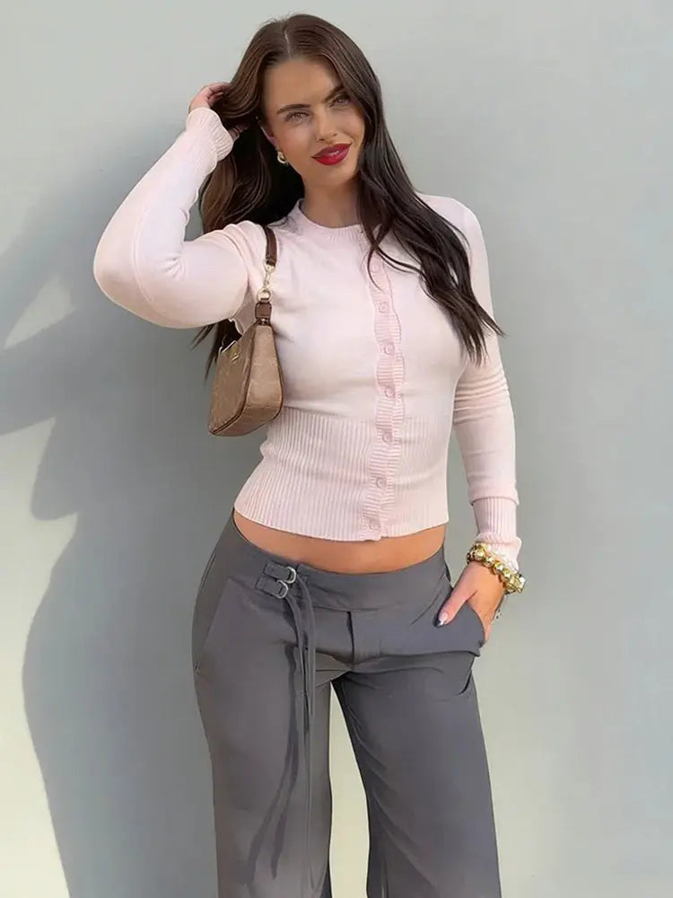 Tossy Casual Knit Cardigan for Women Long Sleeve Ribbed Patchwork Cropped Top Elegant Slim Knitwear for Autumn Winter
