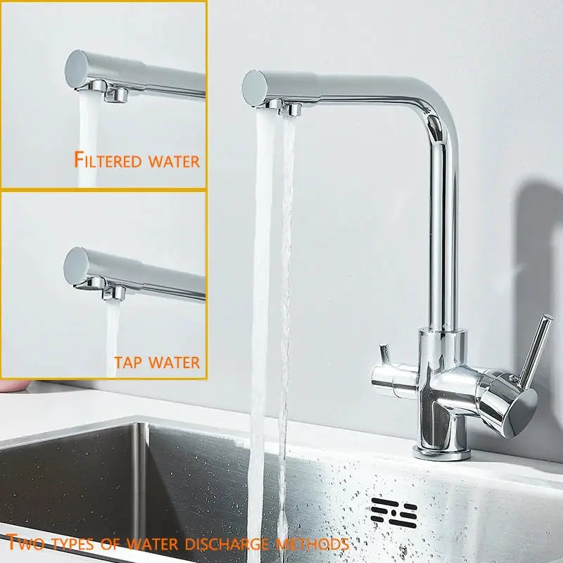 Chrome kitchen faucet with dual swivel spout and built-in drinking water filter; shows filtered and tap water options.
