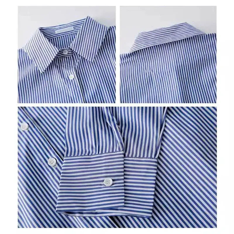 Classic blue and white striped women's blouse with stand collar and lantern sleeves by Simples Market