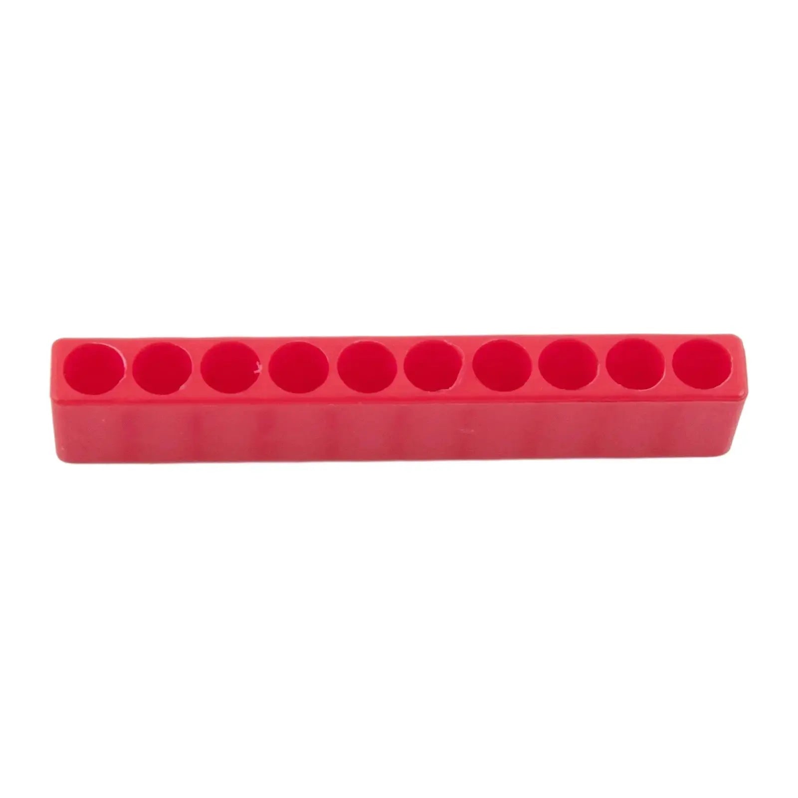 Red 10-hole bit holder for 1/4 hex screwdriver bits, plastic storage box