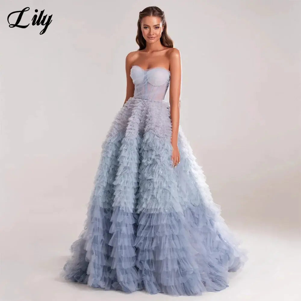 Dusty Blue Sweetheart Evening Dress Sleeveless Net Tiered Prom Dress