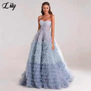Dusty Blue Sweetheart Evening Dress Sleeveless Net Tiered Prom Dress