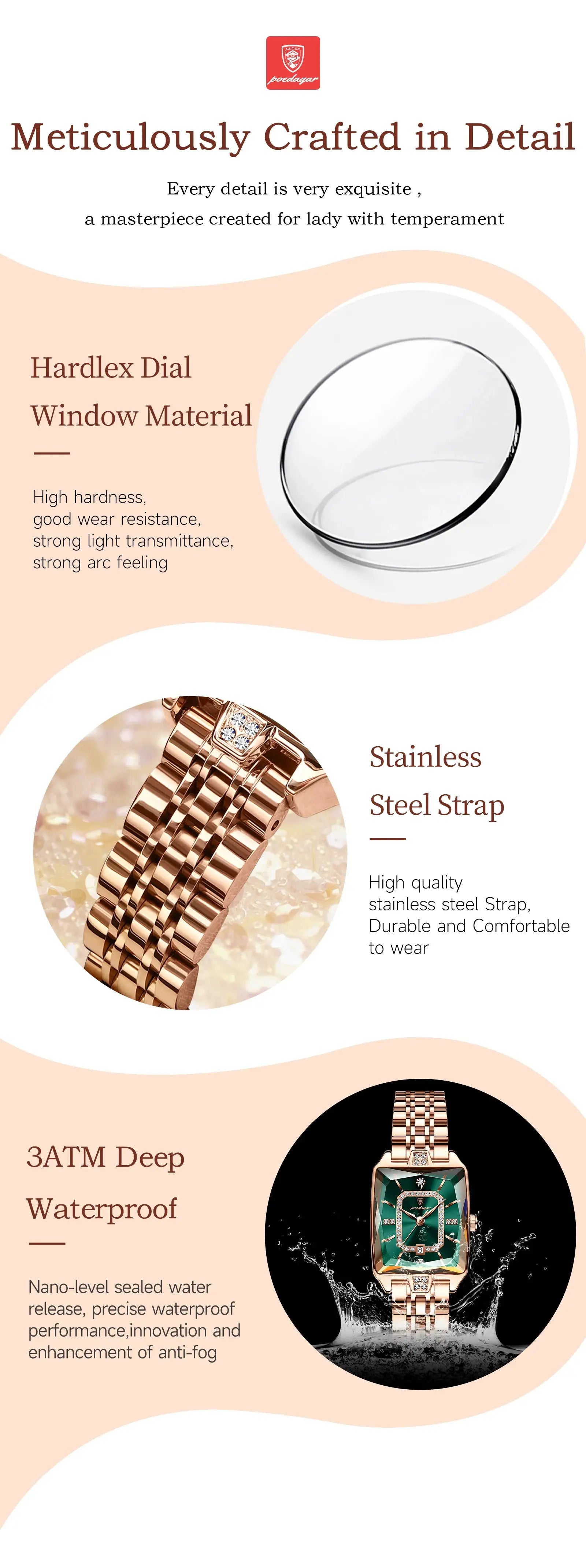 POEDAGAR luxury women's wristwatch with a rose-gold stainless steel strap and green dial