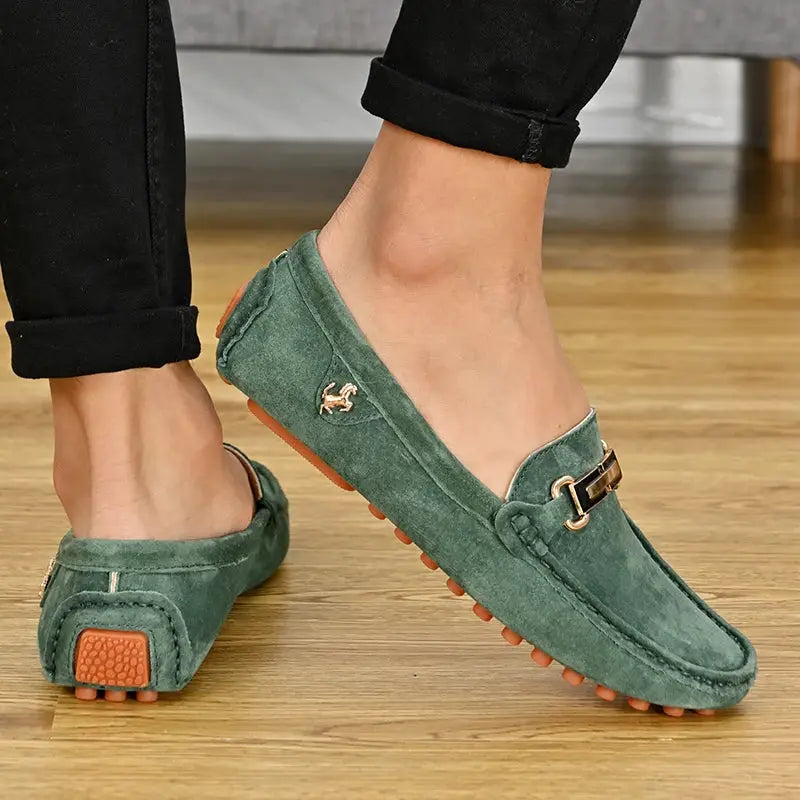 YRZL men's green suede loafers; slip-on driving moccasins with orange studded sole (2 shoes shown)