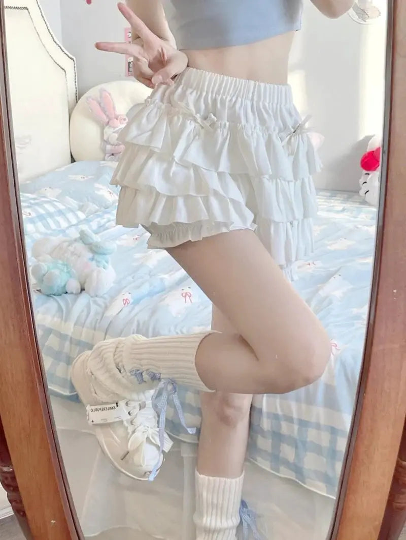 MEXZT Y2K Sweet Ruffles Mini Skirt for women, white layered ruffles with bow accents, high-waist A-line