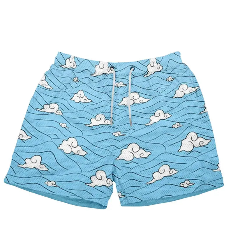 IPPO shorts by Simples Market, blue cloud-pattern quick-dry gym shorts with drawstring