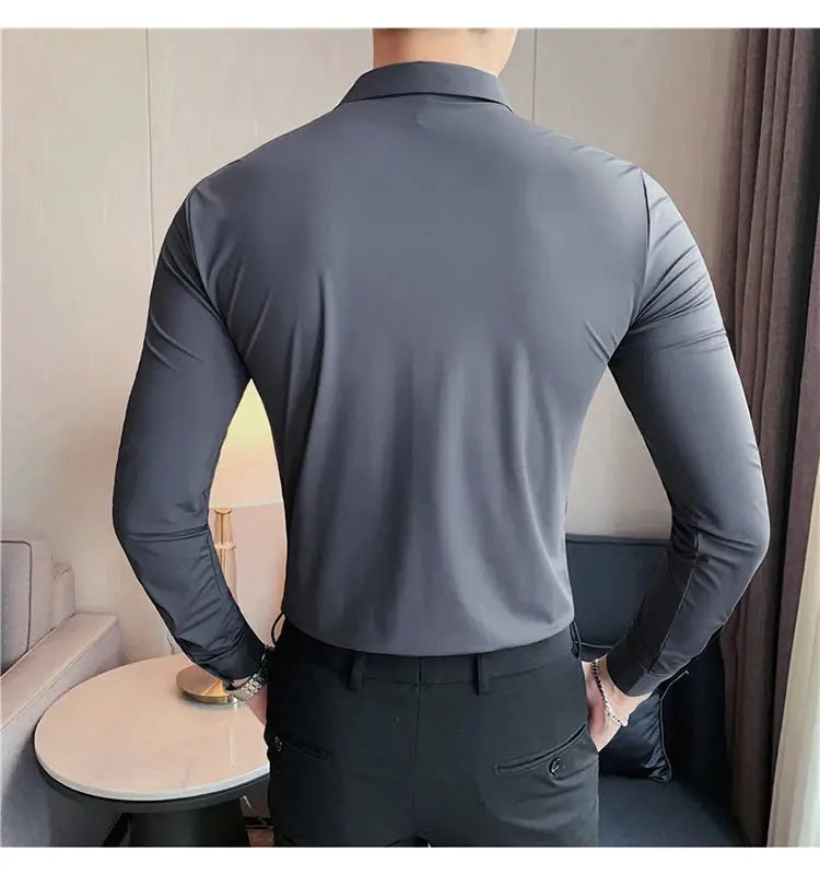 Plus Size 4XL men's seamless long-sleeve shirt in charcoal gray; high elasticity, slim casual dress shirt