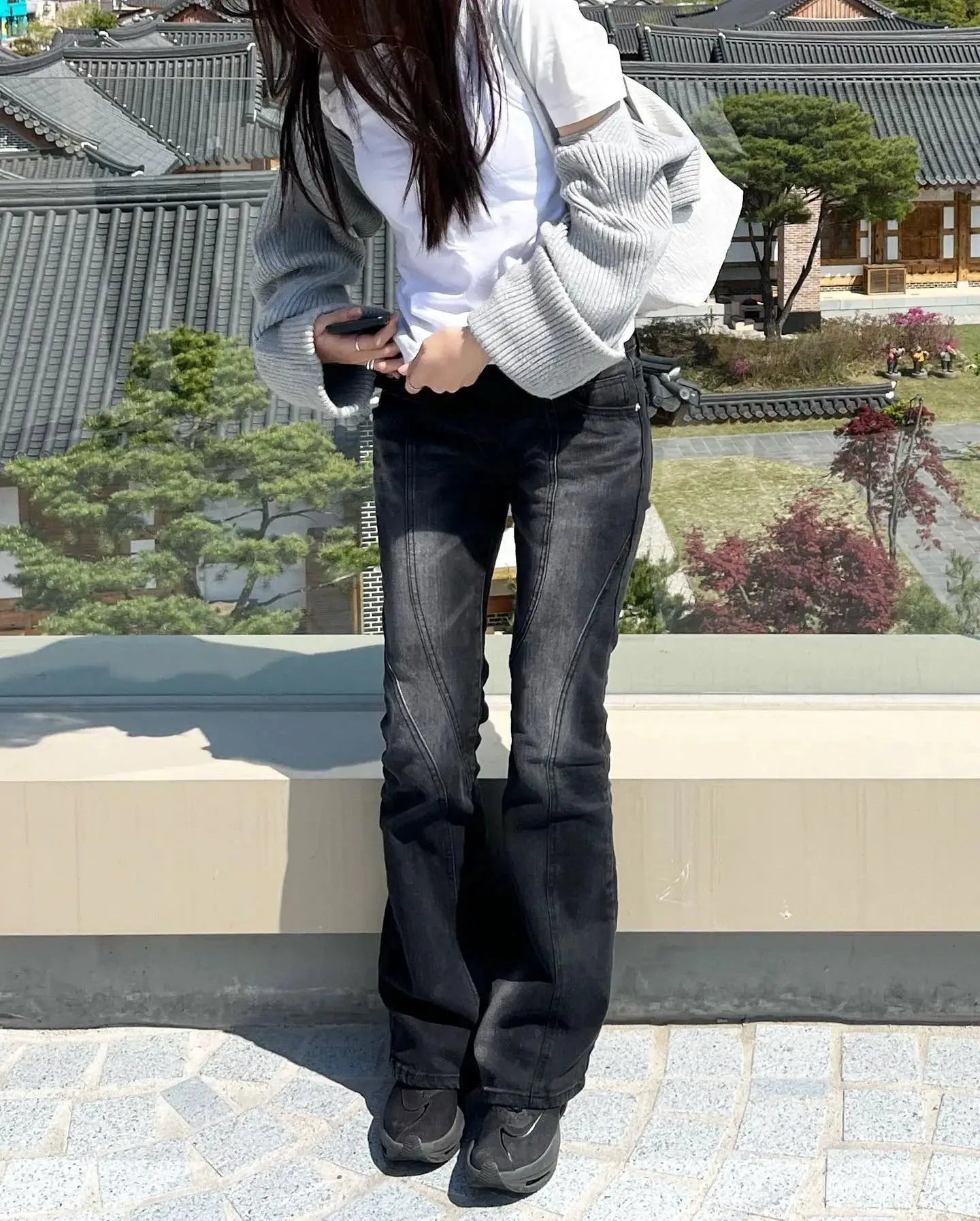 Vintage Distressed Asymmetrical Low Waist Jeans Grunge Flare Denim