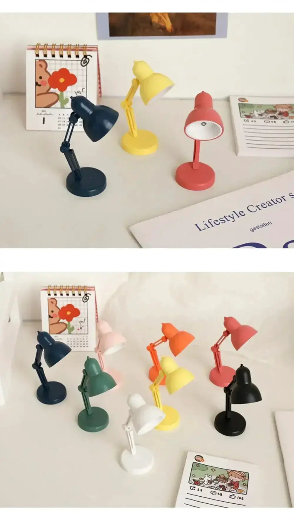 Set of mini book lights with clip-on LED desk lamps; foldable, multi-color options.
