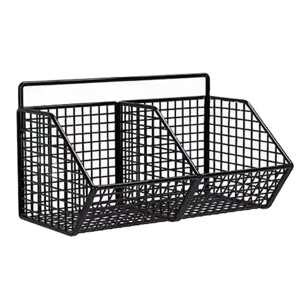 Wall-mounted black metal wire storage basket for spices, garlic, onions and vegetables