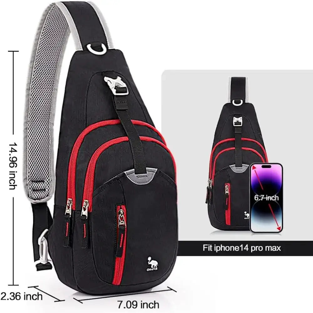 Crossbody sling bag for men, black with red zippers and gray padded strap, by Simples Market