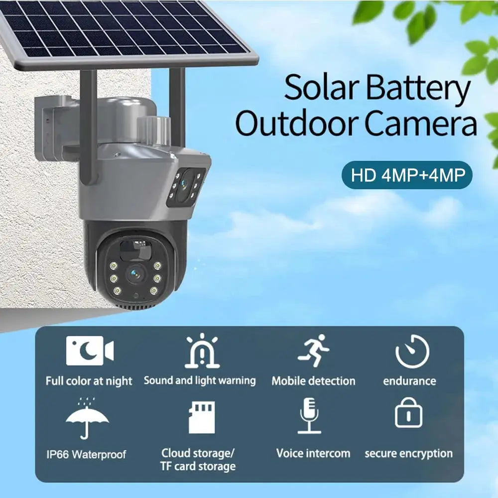 Outdoor solar-powered CCTV camera with dual-lens PTZ and solar panel, HD 4MP+4MP