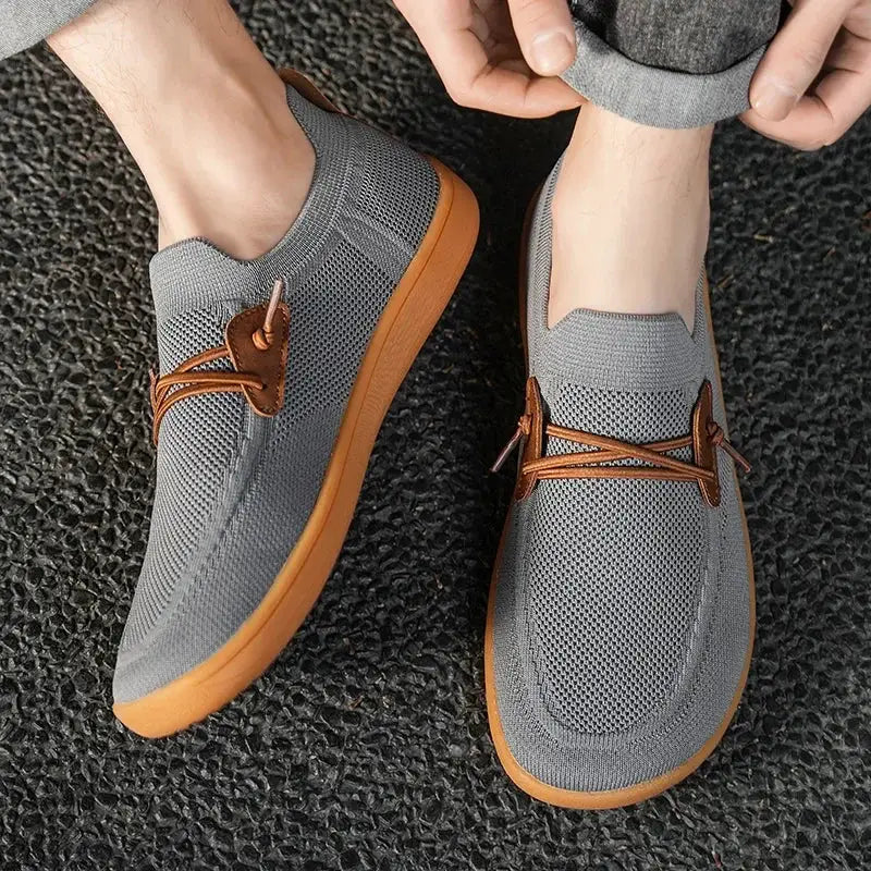Simples Market barefoot minimalist shoes, gray mesh with brown laces and tan sole, unisex wide version (2 shoes)