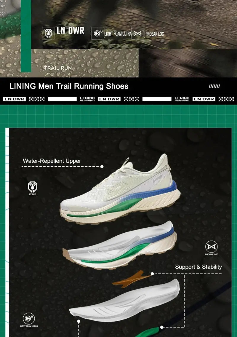 Li-Ning Men's BEN XIAO trail running shoes, white with green and blue accents, water-repellent upper