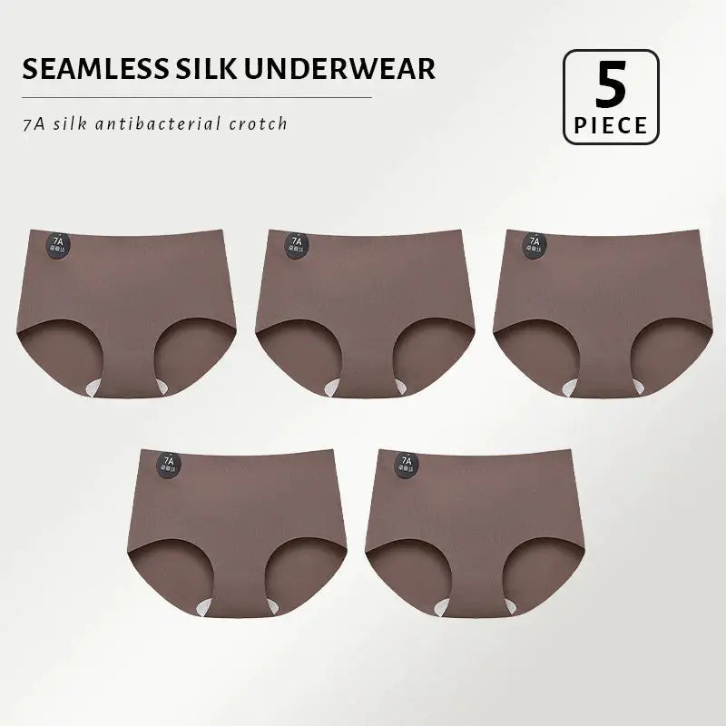 Simples Market mulberry silk seamless panties, 5-piece taupe set; ultra-thin, high-elastic, breathable briefs.