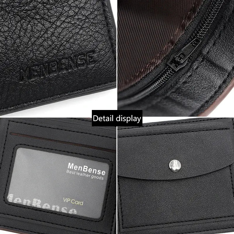 Men's bifold wallet with zipper coin pocket in black PU leather; MenBense branding.