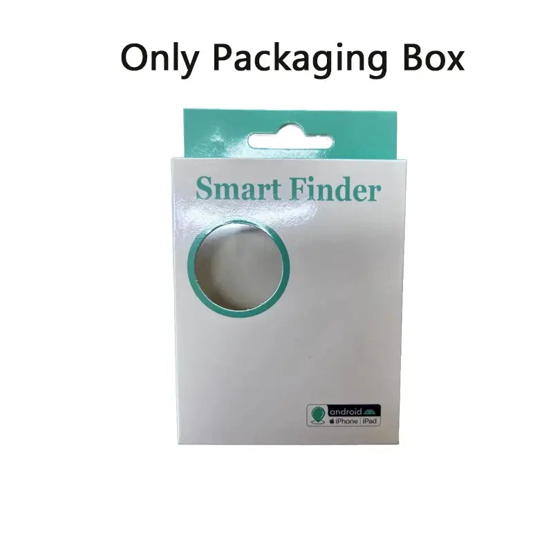 Xiaomi GPS Tracker packaging box by Simples Market, white with teal accent circle and Android/iPhone icons.