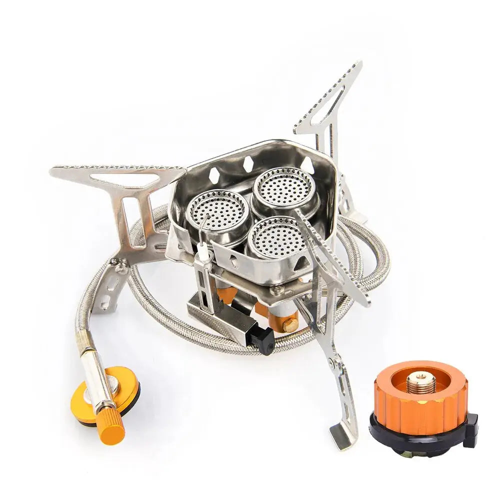 Widesea three-burner camping gas stove with stainless steel body, braided hose, and orange control knob