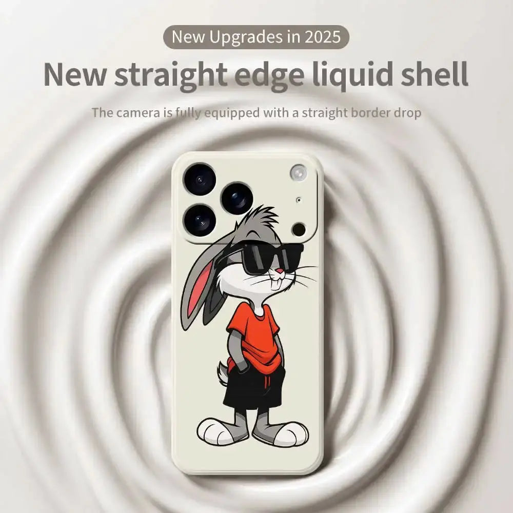 Cool Rabbit silicone phone case for iPhone, features a cartoon rabbit wearing sunglasses and a red shirt.