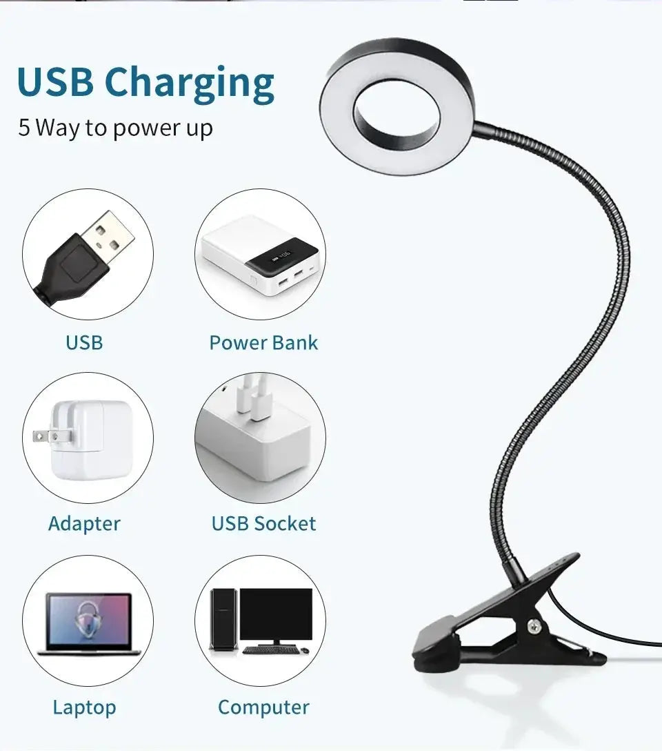 Simples Market LED desk clip lamp, black, flexible neck with USB charging options