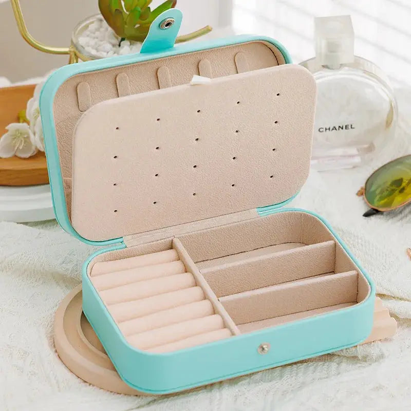 VoyageLux Leather Portable Jewelry Storage Box Travel Organizer For Earrings Necklaces Rings Case