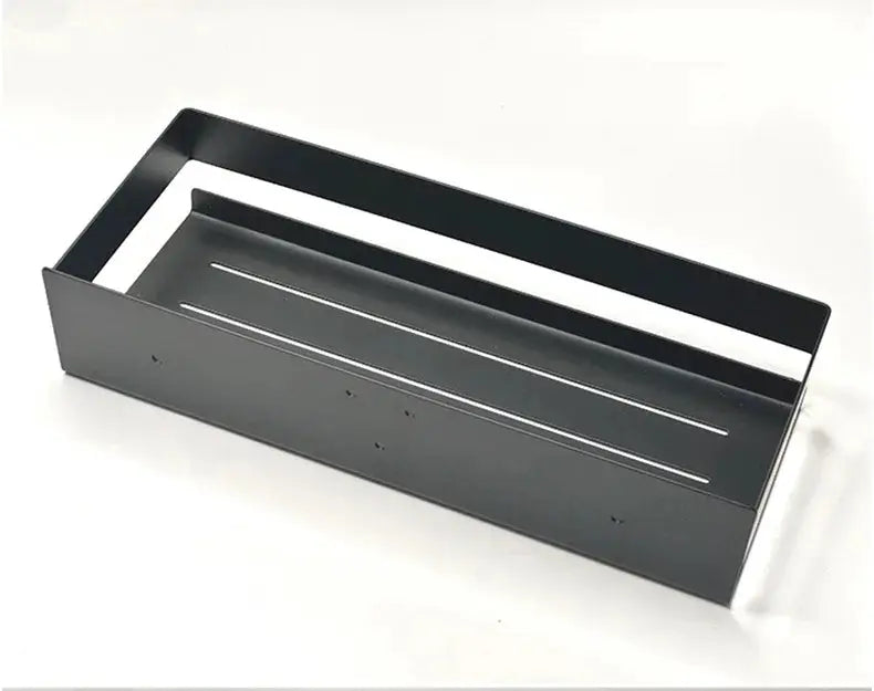 Movable bathroom shelf organizer in black steel with rear frame and front panel featuring two long slots