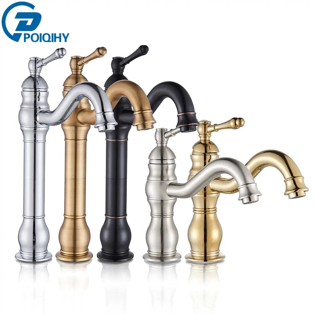 POIQIHY six-piece vintage basin vessel faucet set from Simples Market in chrome, brass, bronze, black, silver and gold finishes.