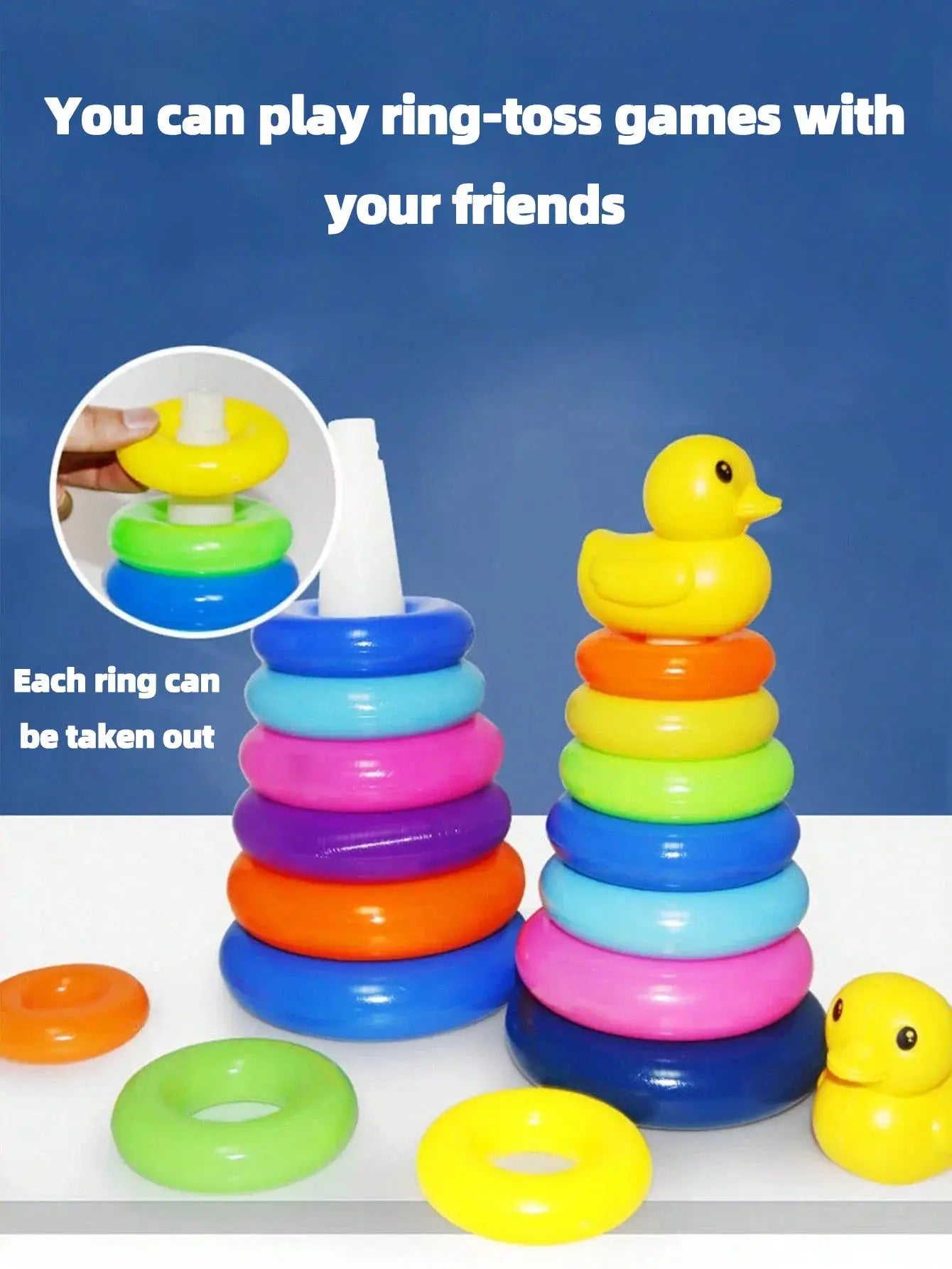 Yellow Duck Rainbow Tower Stacked Circle Toy Ring Toss Interactive Game For Early Learning And Birthday Gifts