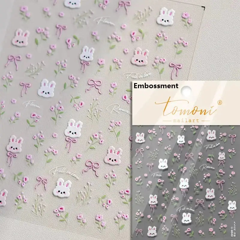 Nail art stickers: pink translucent jelly texture with 3D bunny faces, flowers and bows, Tomoni self-adhesive