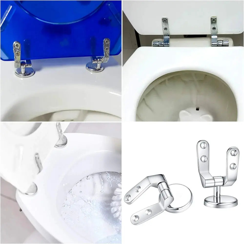 O-shaped toilet seat with slow-close blue lid and chrome hinges; universal bathroom accessory