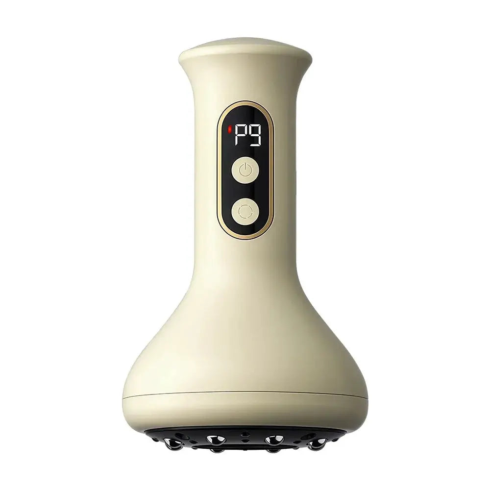 USB rechargeable abdominal massager in beige with digital display and two buttons, cupping head attachments visible