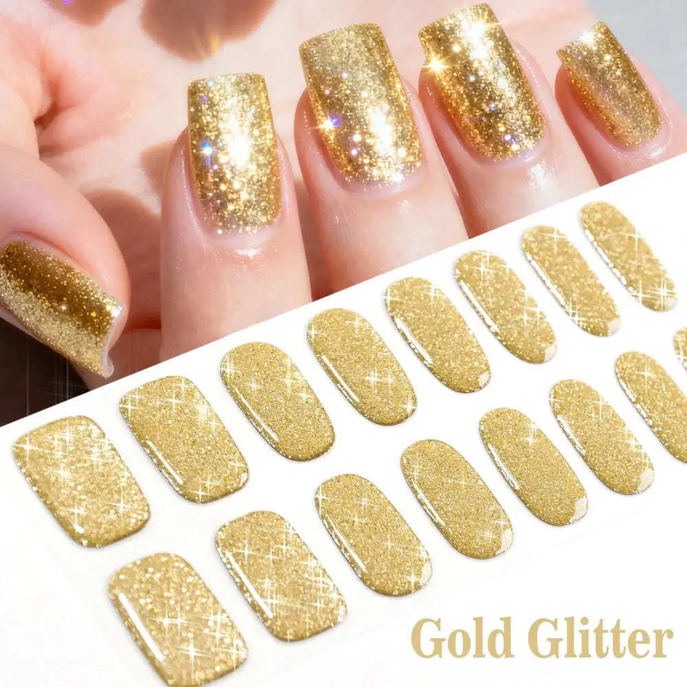 Gold glitter 16-tip nail sticker sheet with full-cover UV gel wraps for long-lasting nail art