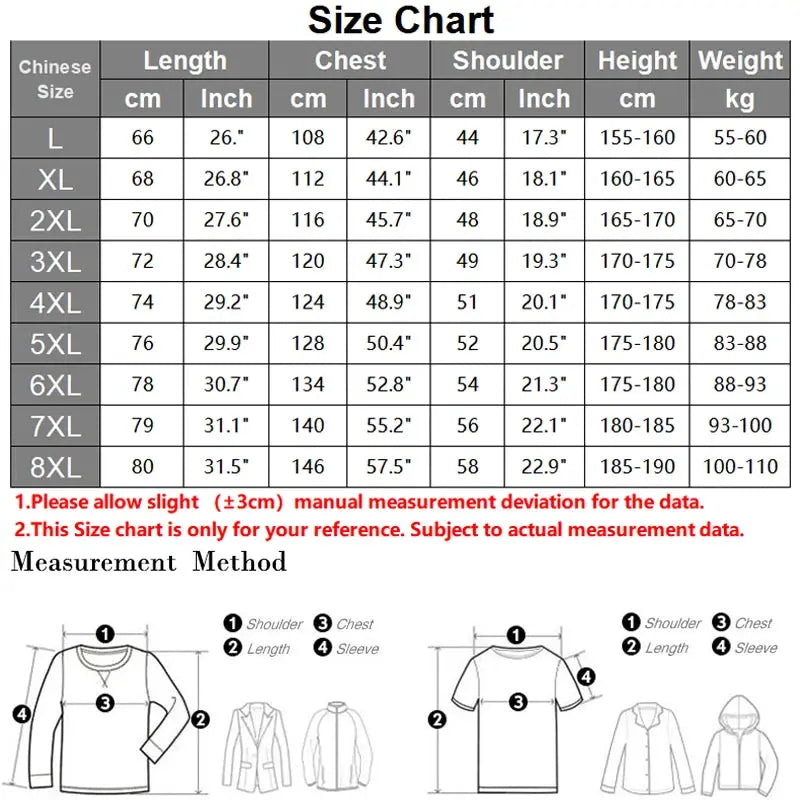 Men's down jacket size chart with measurement diagrams showing chest, length, shoulder and sleeve.