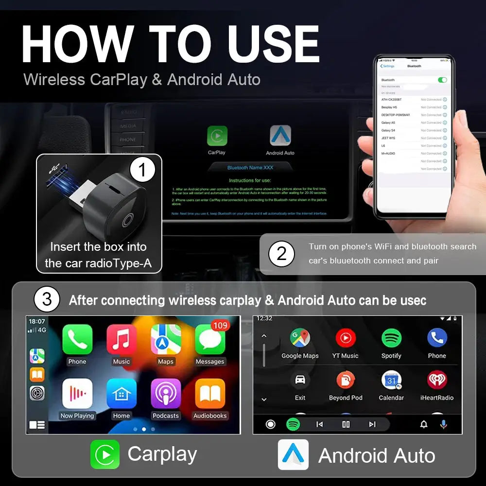 XUDA 2in1 wireless CarPlay/Android Auto adapter, black compact box by Simples Market for car infotainment