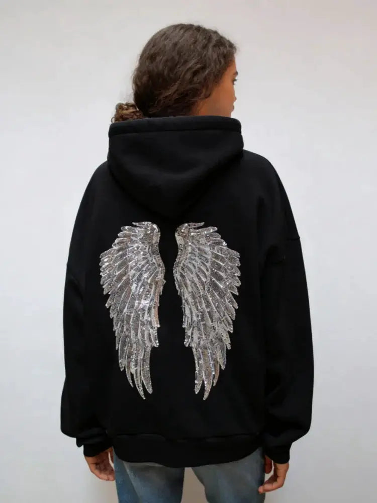 GlamAura Shinny Sequin Angel Wings Hooded Jacket Loose Casual Pullover With Dazzling Embellishments