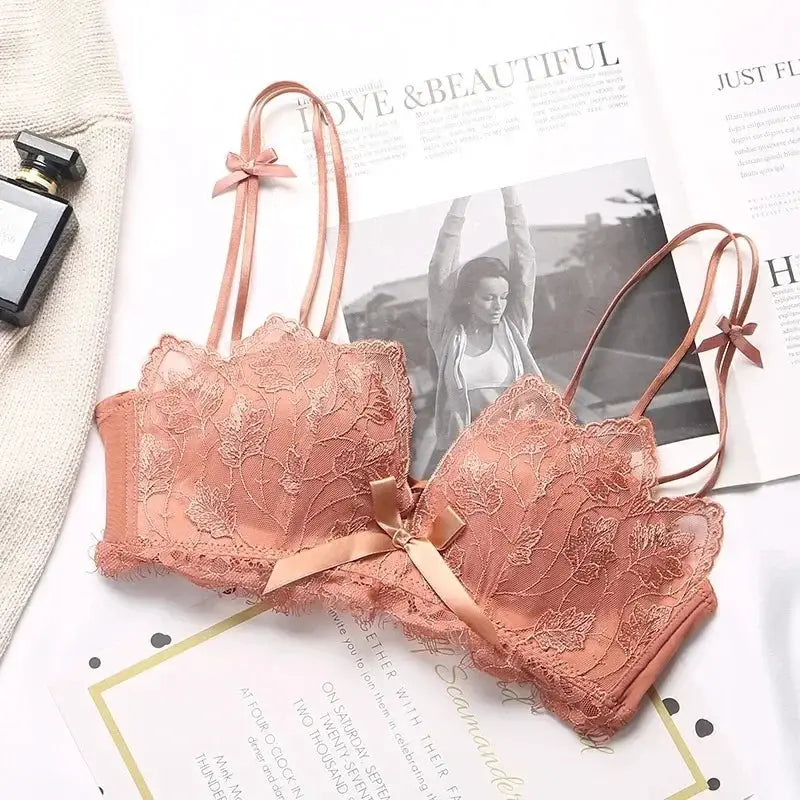 Lace floral 3/4 cup wireless bralette in peach pink with satin bow, Simples Market