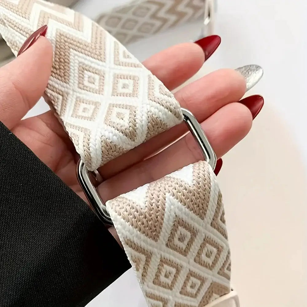 Simples Market fanny pack strap in beige geometric woven fabric with silver hardware for crossbody wear