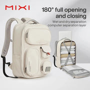 Mixi outdoor backpack cream white with multiple zip pockets, 18-inch travel rucksack by Simples Market